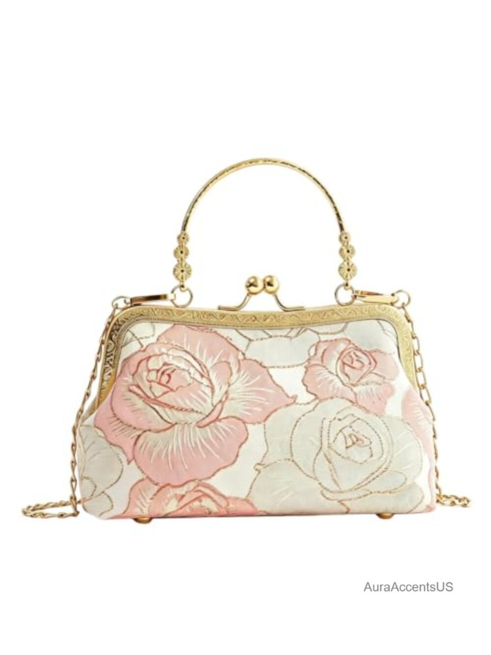 Floral Rose Mini Clutch Purse with Metal Top Handle, Crossbody Shoulder Bag